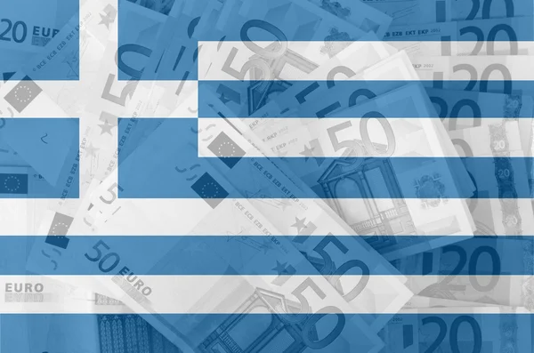 Bandiera della Grecia con sullo sfondo banconote in euro trasparenti — Foto Stock