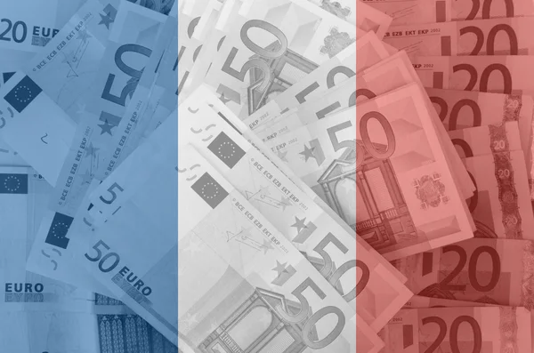 A Franciaország lobogója a háttérben átlátszó euro-bankjegyek — Stock Fotó