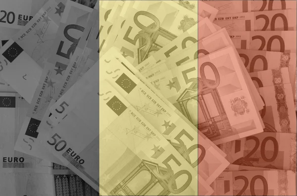 A belgium lobogója a háttérben átlátszó euro-bankjegyek — Stock Fotó