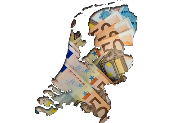 Mapa esquemático de Países Bajos con billetes en euros en segundo plano —  Fotos de Stock