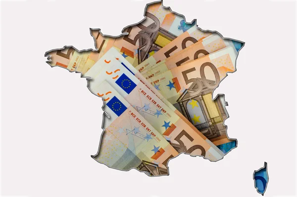 バック グラウンドでユーロ紙幣とフランスの概要マップ — ストック写真