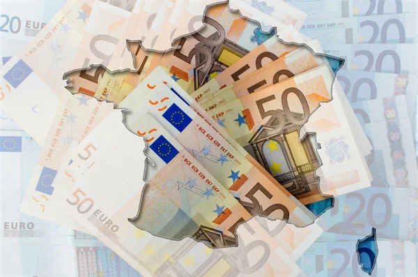 Περίγραμμα της Γαλλίας με διαφανή τραπεζογραμμάτια ευρώ backgro — Φωτογραφία Αρχείου