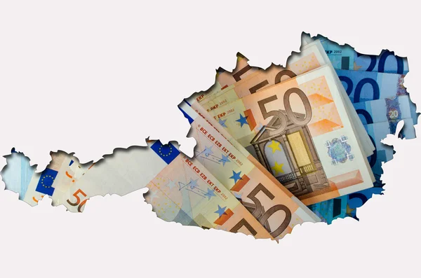 Περίγραμμα της Αυστρίας με τραπεζογραμμάτια ευρώ στο παρασκήνιο — Φωτογραφία Αρχείου