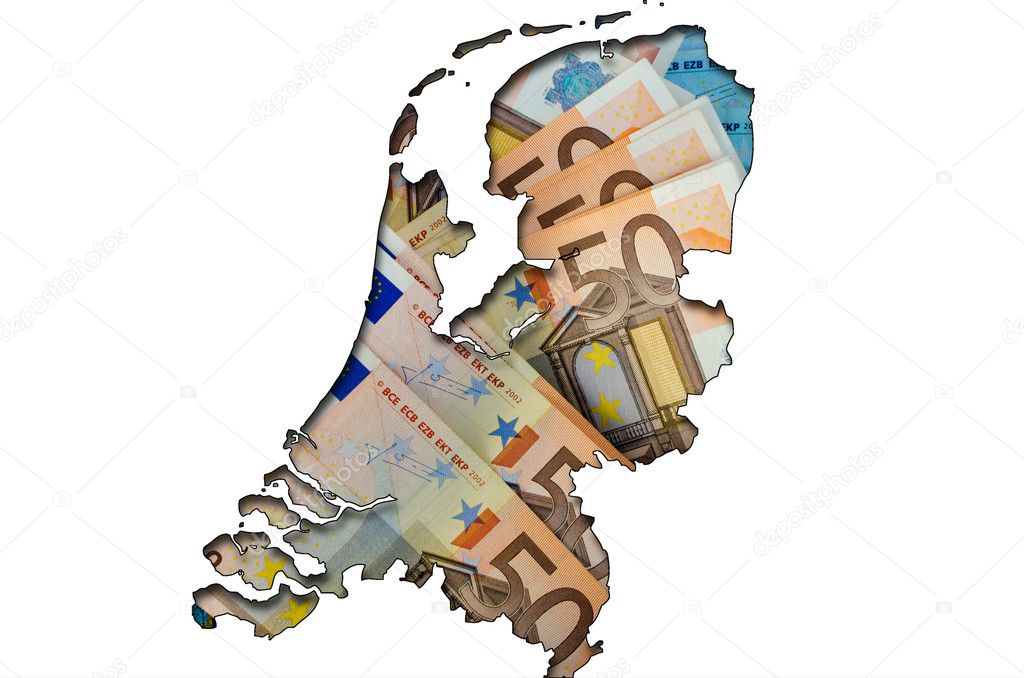 Outline map of Netherlands with euro banknotes in background