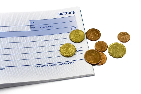Receipt with euro coins and ball-pen — Stock Photo, Image
