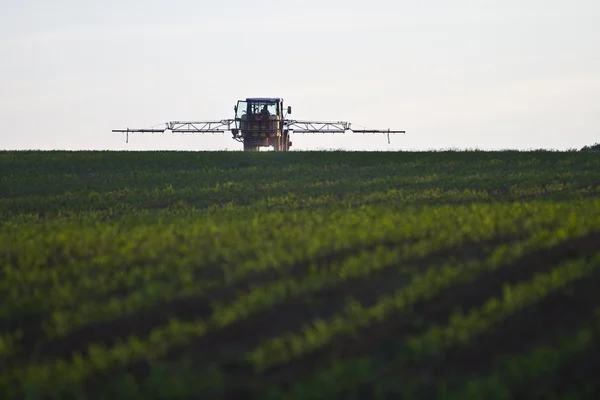 Trator com pesticida em campo — Fotografia de Stock