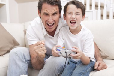 Happy Man & Boy, Father and Son Playing Video Games clipart