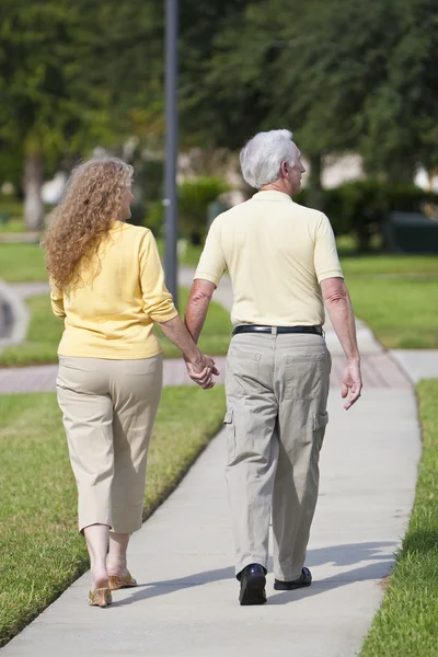 Coppia di uomini e donne anziani con vista posteriore che camminano mano nella mano — Foto Stock