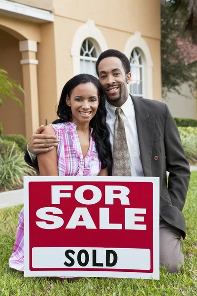 African American Couple & House For Sale Sold Sign — Stock Photo, Image