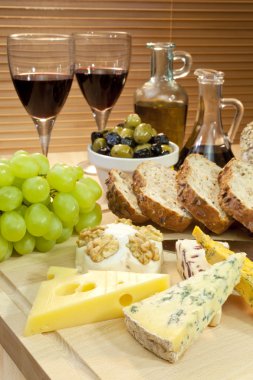 Mediterranean Diet of Cheese, Wine, Grapes, Olives, Bread Balsma clipart