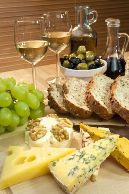 Mediterranean Diet of Cheese, Wine, Grapes, Olives, Bread Balsma clipart