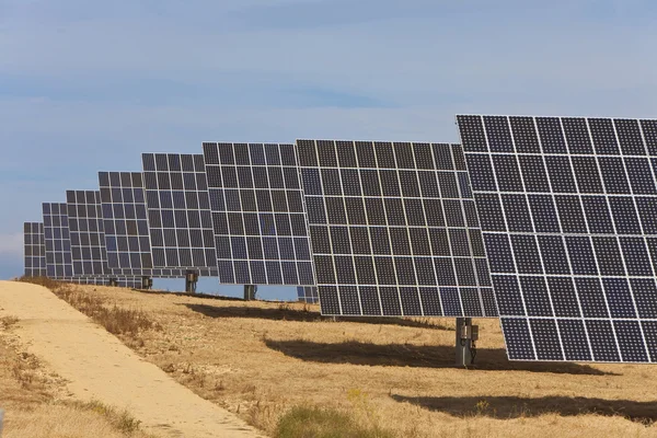 Поле зеленої енергії фотоелектричних сонячних панелей — стокове фото