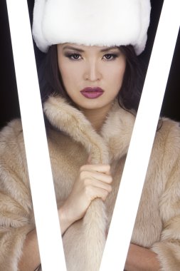 Beautiful Sexy Japanese Asian Girl In Fur Coat and Hat clipart