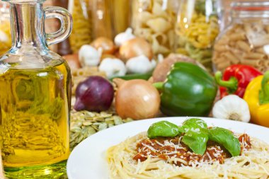 Spaghetti Bolognese, Pasta, Olive Oil & Fresh Vegetable Ingredie clipart