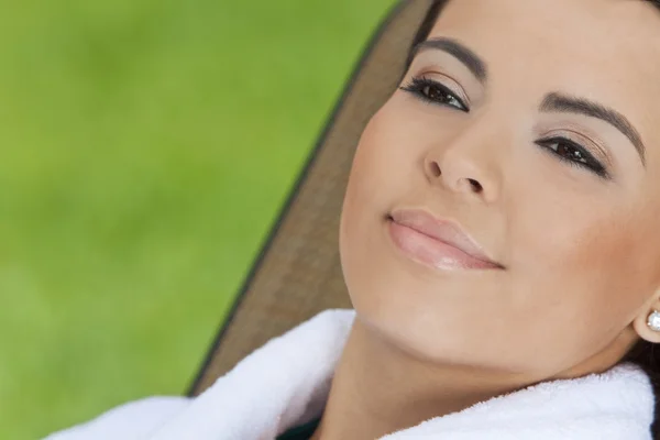 Beautiful Hispanic Woman in White Bathrobe At Health Spa — Stock Photo, Image