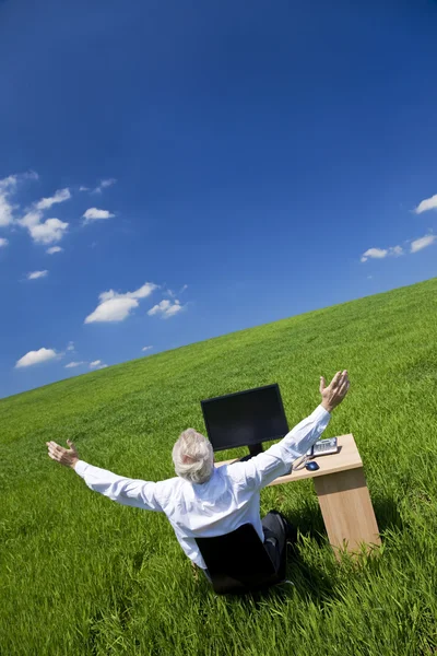Affärsman firar upp på skrivbord i det gröna fältet armarna — Stockfoto