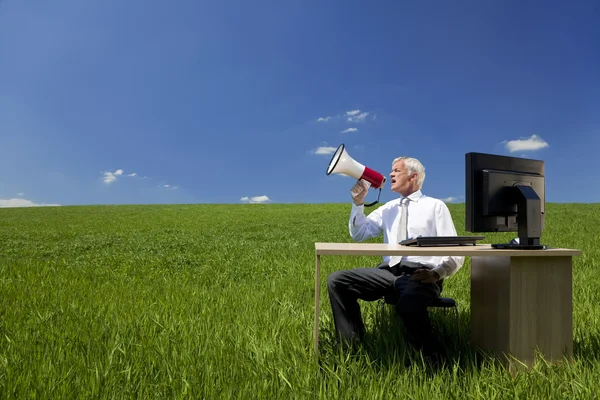 Концепт бизнеса человек с помощью мегафона в зеленом поле — стоковое фото