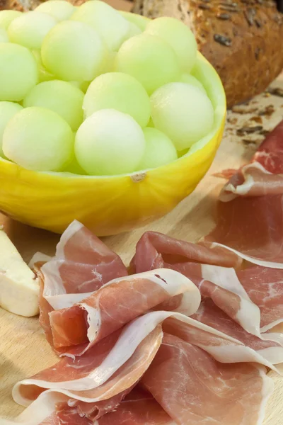 stock image Parma Ham, Melon, Bread and Cheese