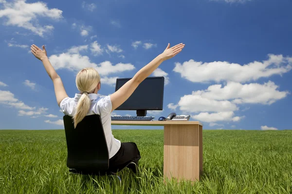 Бізнес-леді використовуючи комп'ютер в зеленому полі — стокове фото