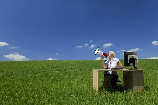Concept zakenvrouw megafoon met een groen veld — Stockfoto