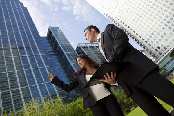 Happy Mixed Race Businessman and Businesswoman Team In the City — Stock Photo, Image