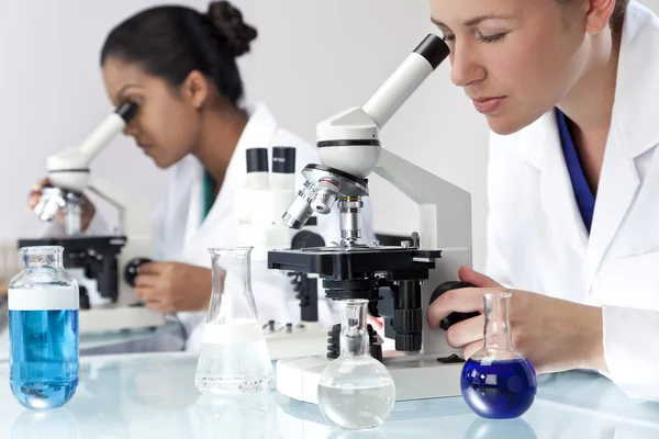 Женская научно-исследовательская группа с использованием микроскопов в лаборатории — стоковое фото