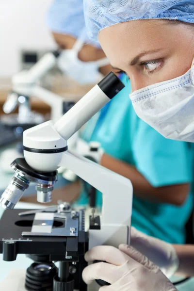Θηλυκοί επιστήμονες ή οι γιατροί χρησιμοποιούν μικροσκόπια σε εργαστήριο — Φωτογραφία Αρχείου