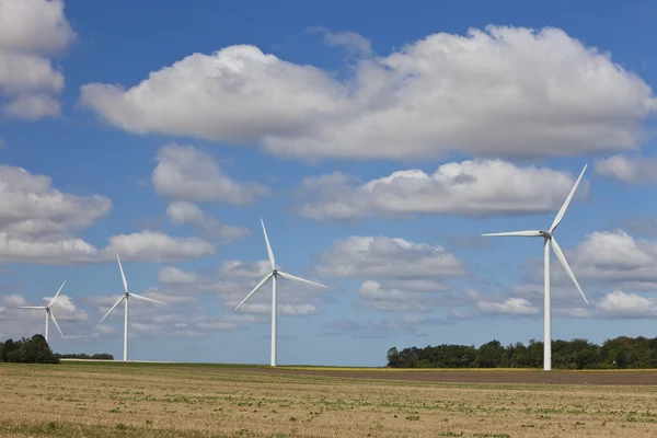 Reihe von vier grünen Windenergie-Anlagen auf einem Feld — Stockfoto