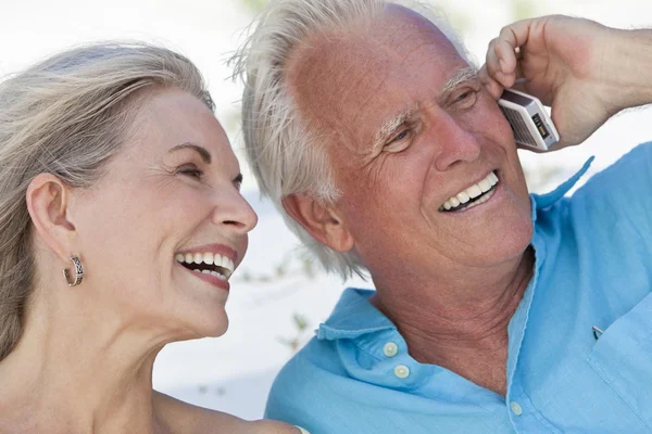 Happy Senior Couple Talking on Mobile Cell Phone — Stock Photo, Image