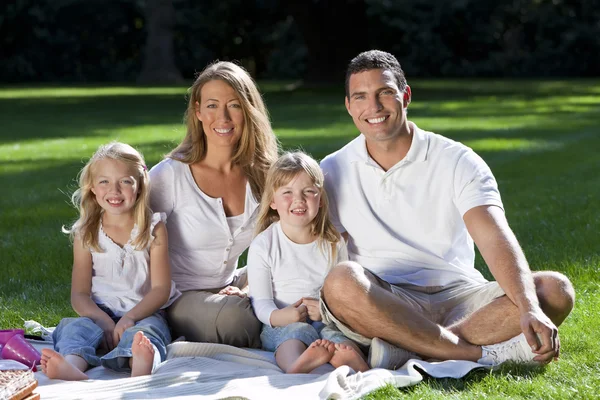 Счастливая семья устраивает пикник в парке — стоковое фото