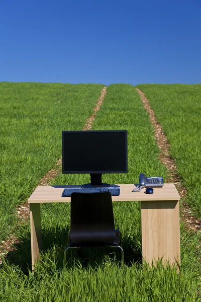 Desk and Computer In Green Field With Path — Stock Photo, Image