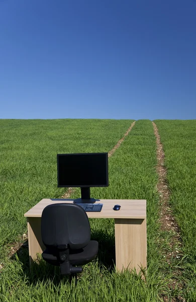 Scrivania e computer in campo verde con percorso — Foto Stock