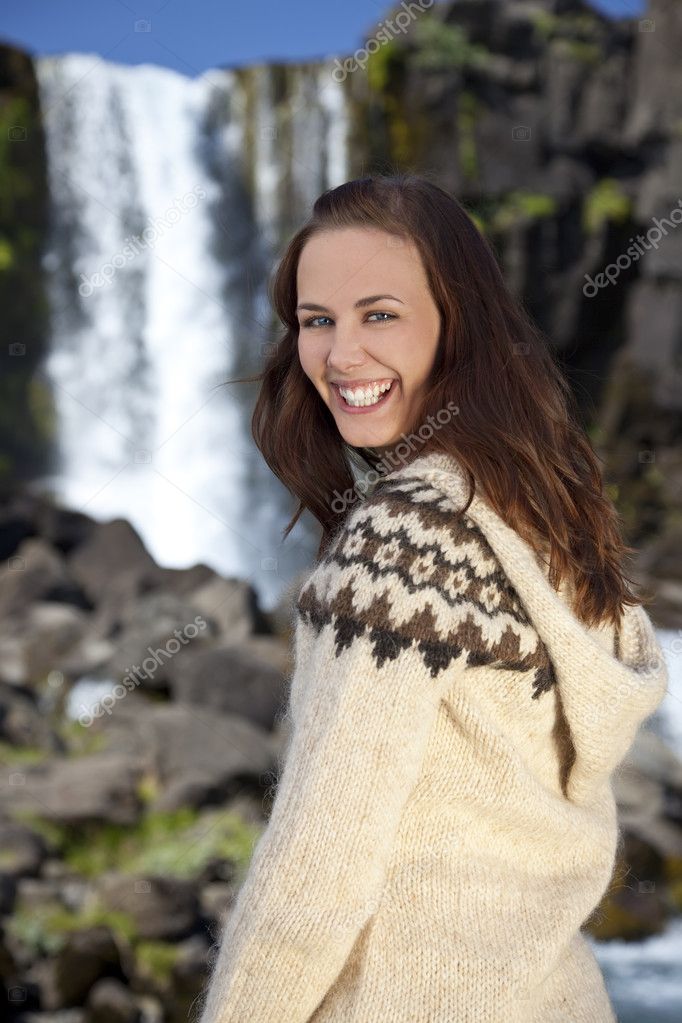 Beautiful Scandinavian Woman By A Waterfall — Stock Photo © dmbaker ...