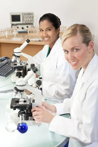 Женская научно-исследовательская группа с использованием микроскопов в лабораторе — стоковое фото