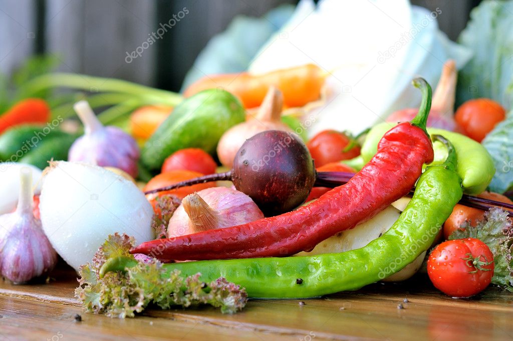 Vegetables on a wet table.