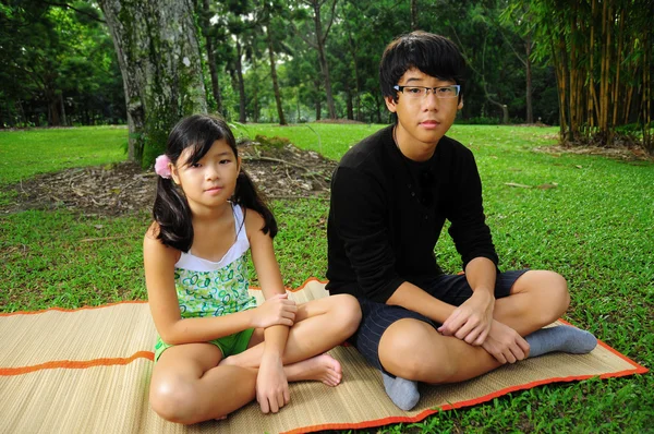 Dva sourozenci venkovní, na pikniku — Stock fotografie