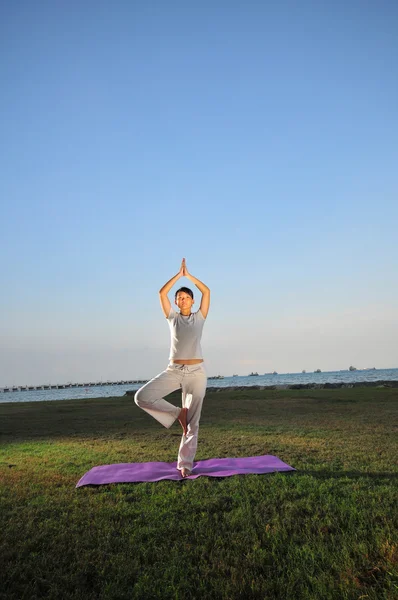 亚洲的中国女士练习瑜伽附近海 — 图库照片