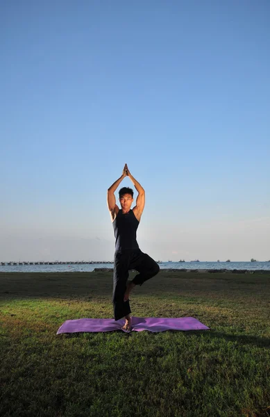 Asiatico cinese che fa yoga in un giardino vicino al mare — Foto Stock