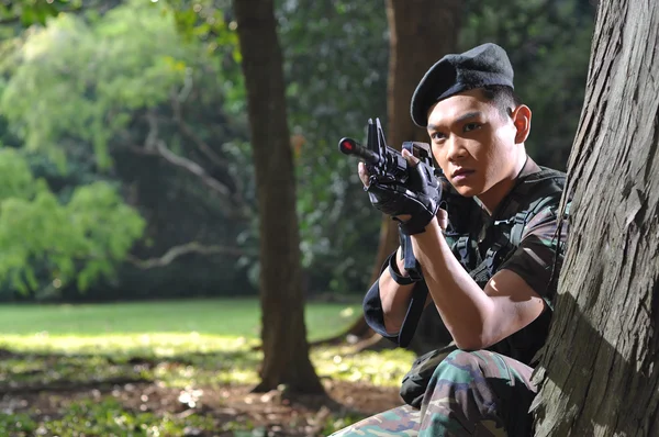 stock image Asian chinese soldier in various aggressive poses