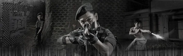 Bild av asiatiska kinesiska soldaten i olika scenarier — Stockfoto