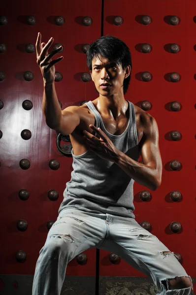 Azjatycki chiński człowiek w różnych sztukach walki pozach — Zdjęcie stockowe