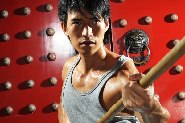 Asiatisk kinesisk man i olika kampsporter kämpar poser — Stockfoto