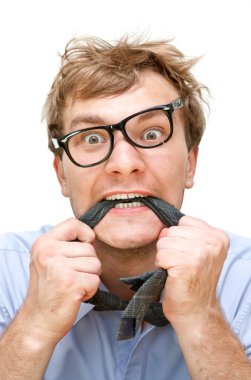 Crazy businessman with a tie in the mouth clipart