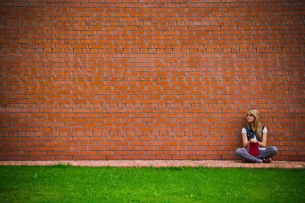 Όμορφο κορίτσι σε ένα τοίχο από τούβλα — Φωτογραφία Αρχείου