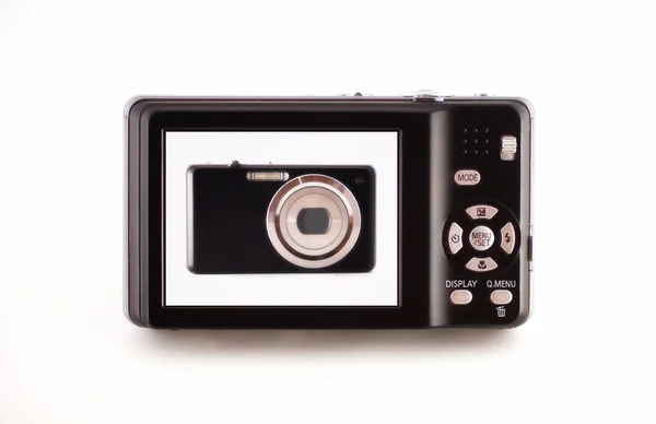 上一个白色的背景、 后视图和前面黑色紧凑型数码相机 vie — 图库照片