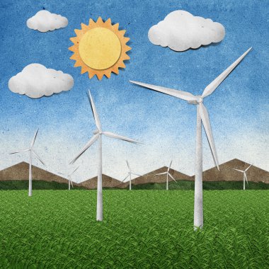 Wind power station recycled paper craft stick on paper background clipart