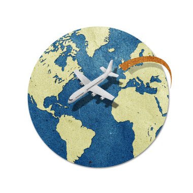 Airplane travel around the globe recycled paper craft : Data source: NASA clipart