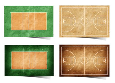 Grunge volleyball and basketball field recycled paper craft stick on white clipart