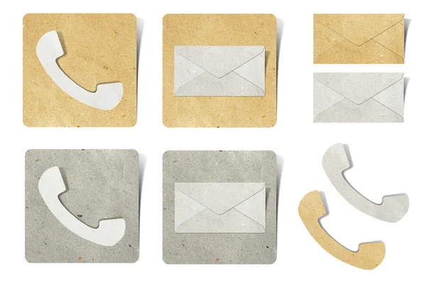 Teléfono y correo etiqueta papel reciclado artesanía palo sobre fondo blanco —  Fotos de Stock