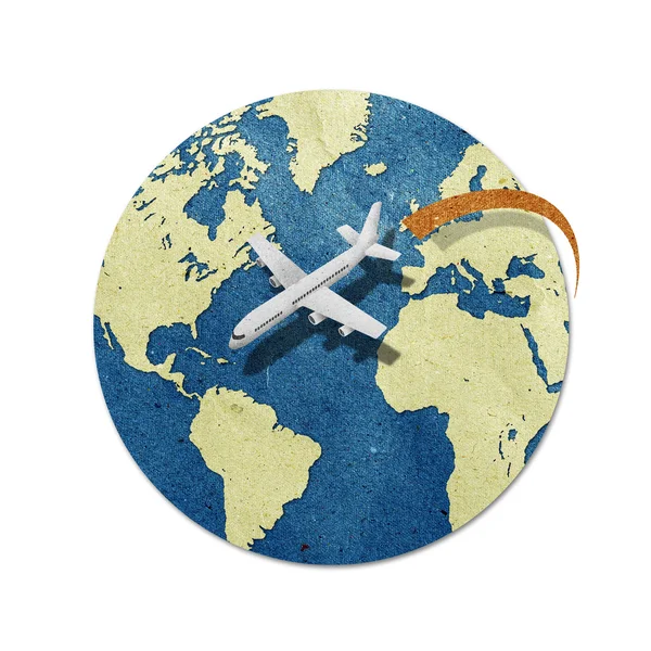 stock image Airplane travel around the globe recycled paper craft : Data source: NASA